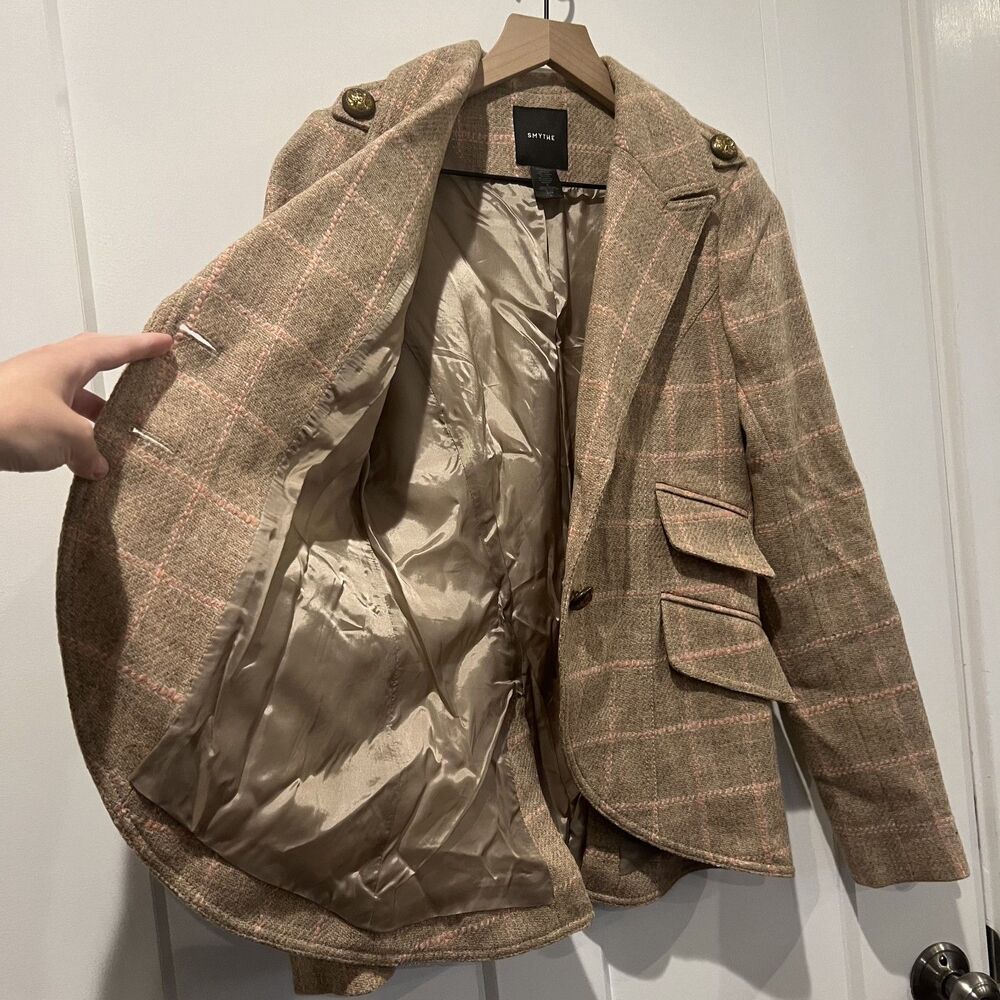 Smythe Virgin Wool Tan & Pink Plaid Print Blazer Women's Size 8 - Picture 6 of 10
